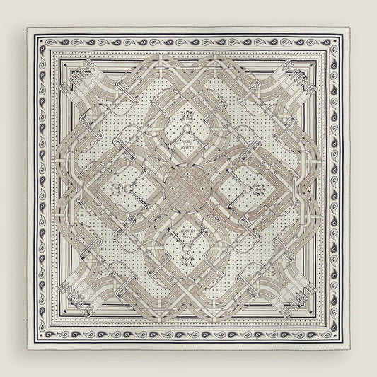 2026SS HERMES scarf Carre 140 Mors a Jouets Bandana Blanc (White)/Blue Marine/Ebene Cashmere70% / Silk30%[EXCELLENT][Authentic]