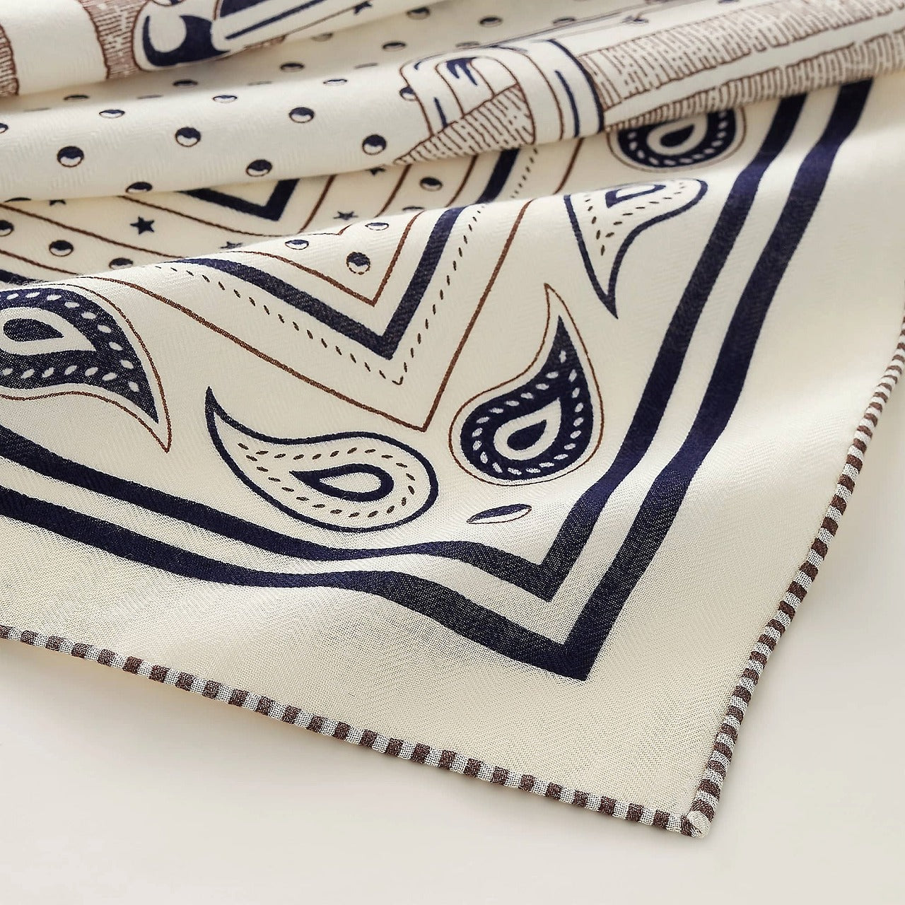 2026SS HERMES scarf Carre 140 Mors a Jouets Bandana Blanc (White)/Blue Marine/Ebene Cashmere70% / Silk30%[EXCELLENT][Authentic]