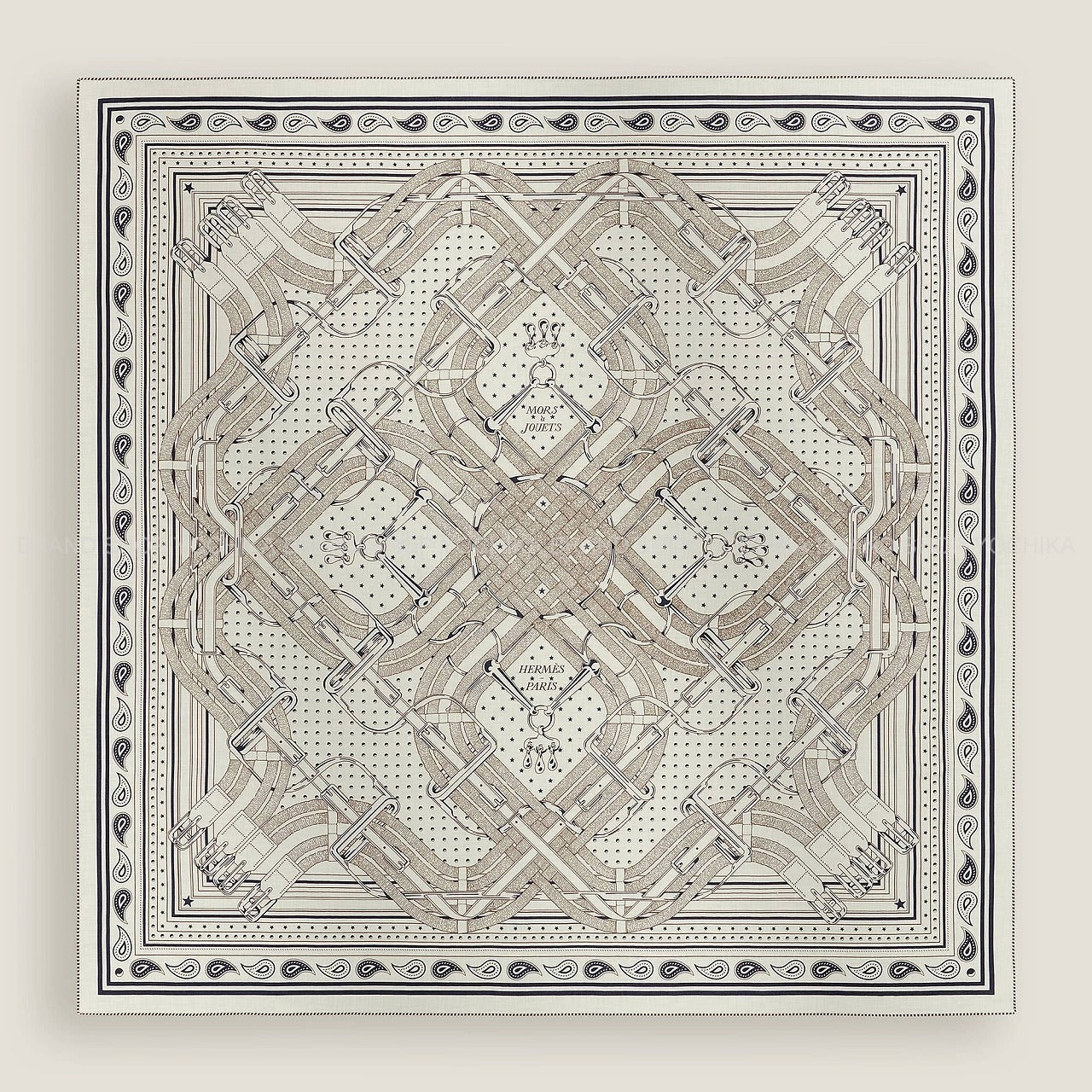 2026SS HERMES scarf Carre 140 Mors a Jouets Bandana Blanc (White)/Blue Marine/Ebene Cashmere70% / Silk30%[EXCELLENT][Authentic]