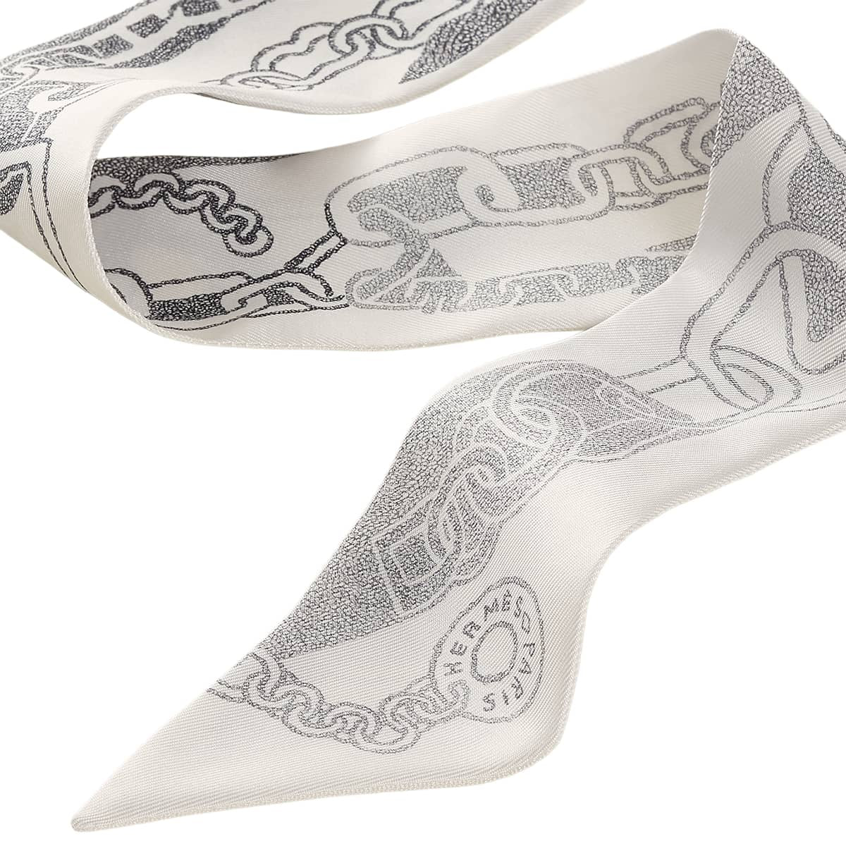 2026AW HERMES scarf Twilly Boucles et Maillons Blanc (White)Anthracite/Encre Silk100%[BRAND NEW][Authentic]