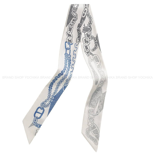 2026AW HERMES scarf Twilly Boucles et Maillons Blanc (White)Anthracite/Encre Silk100%[BRAND NEW][Authentic]