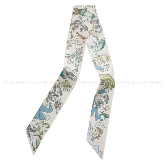 2026AW HERMES scarf Twilly Academia Hippica Blanc (White)Bleu Clair/Vert Silk100%[BRAND NEW][Authentic]