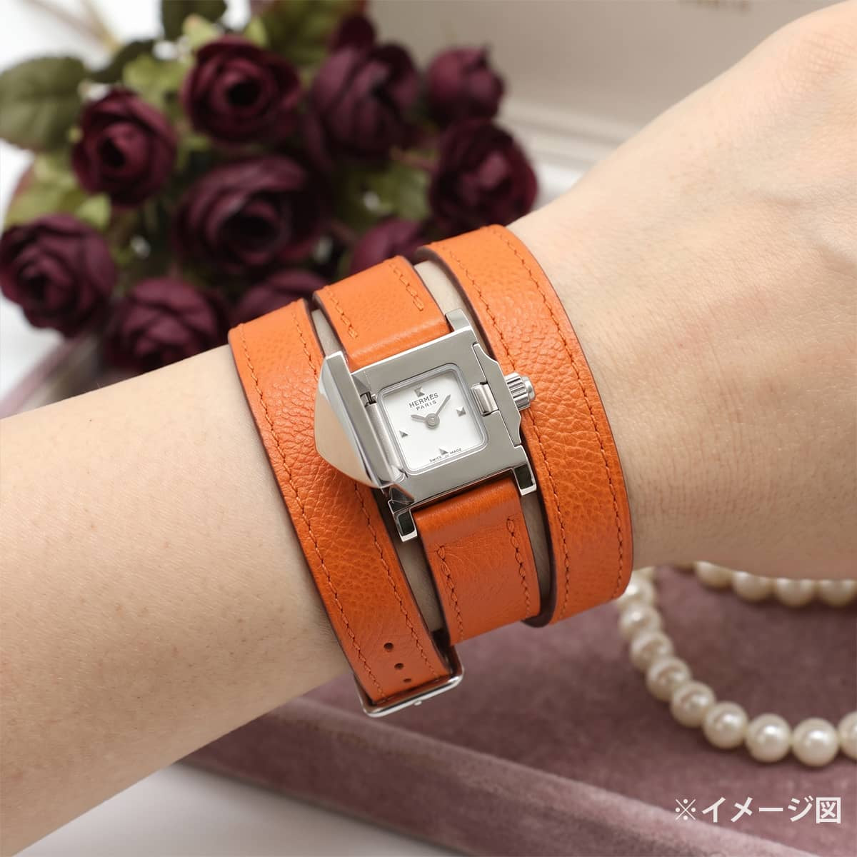 HERMES Watches Medor Triple Tour ME2.110 Orange Veau Swift Silver HW Stamp C[EXCELLENT][Authentic]