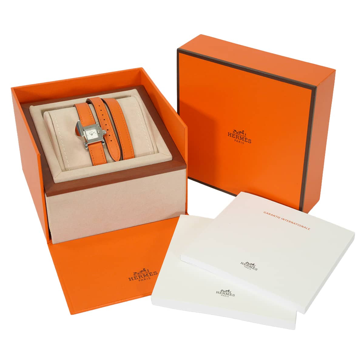 HERMES Watches Medor Triple Tour ME2.110 Orange Veau Swift Silver HW Stamp C[EXCELLENT][Authentic]