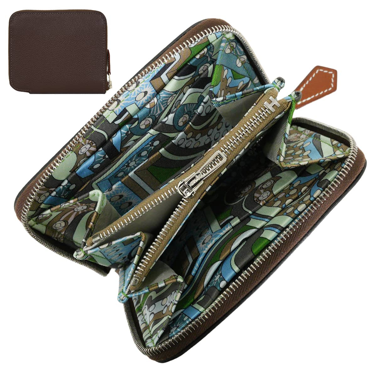 HERMES Bi-fold wallet Azap Silk'in Compact Hermes Electric Moka/Vert Yucca Evercolor/Silk100%/Veau Barenia Silver HW Stamp B[EXCELLENT][Authentic]