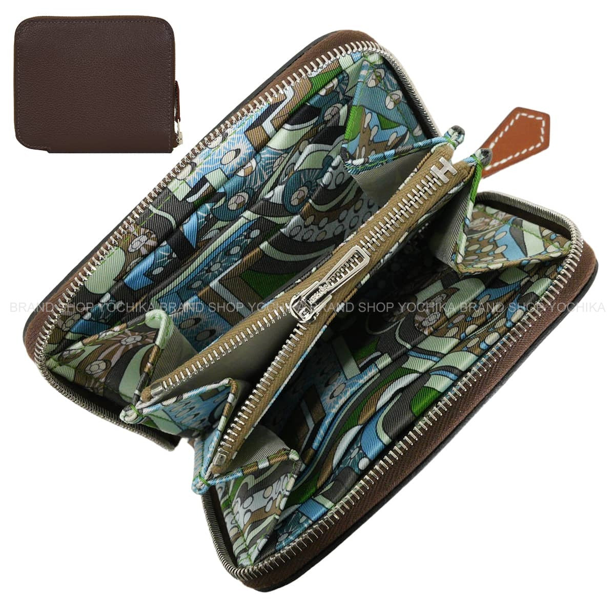 HERMES Bi-fold wallet Azap Silk'in Compact Hermes Electric Moka/Vert Yucca Evercolor/Silk100%/Veau Barenia Silver HW Stamp B[EXCELLENT][Authentic]