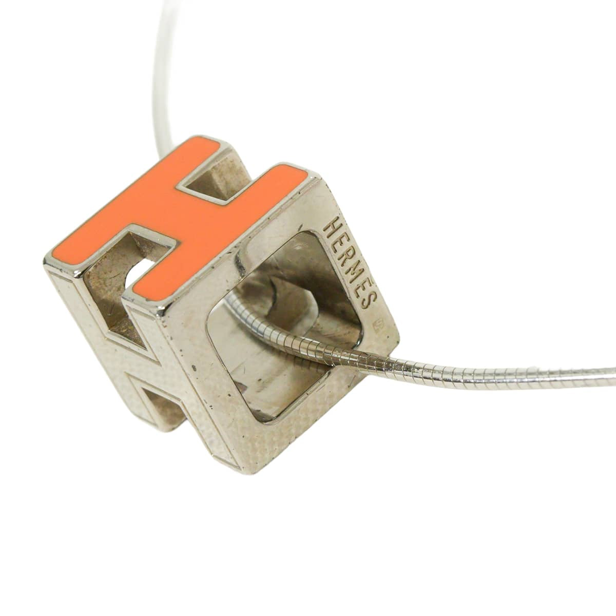 [Pre-loved] HERMES necklace H-Cube Cage d'Ash Orange Silver plated/Lacquer[USED SA][Authentic]
