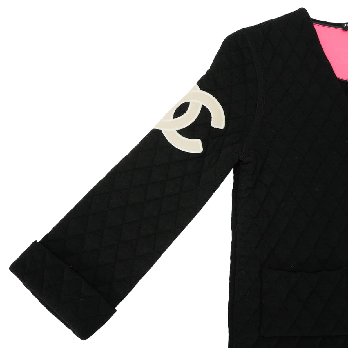 [Pre-loved] 2005AW CHANEL Blouson Quilted Ligne Cambon Coco Mark Noir (Black)/Ivory/Pink Wool/Polyester Antique Silver HW P26645[LIKE NEW][Authentic]