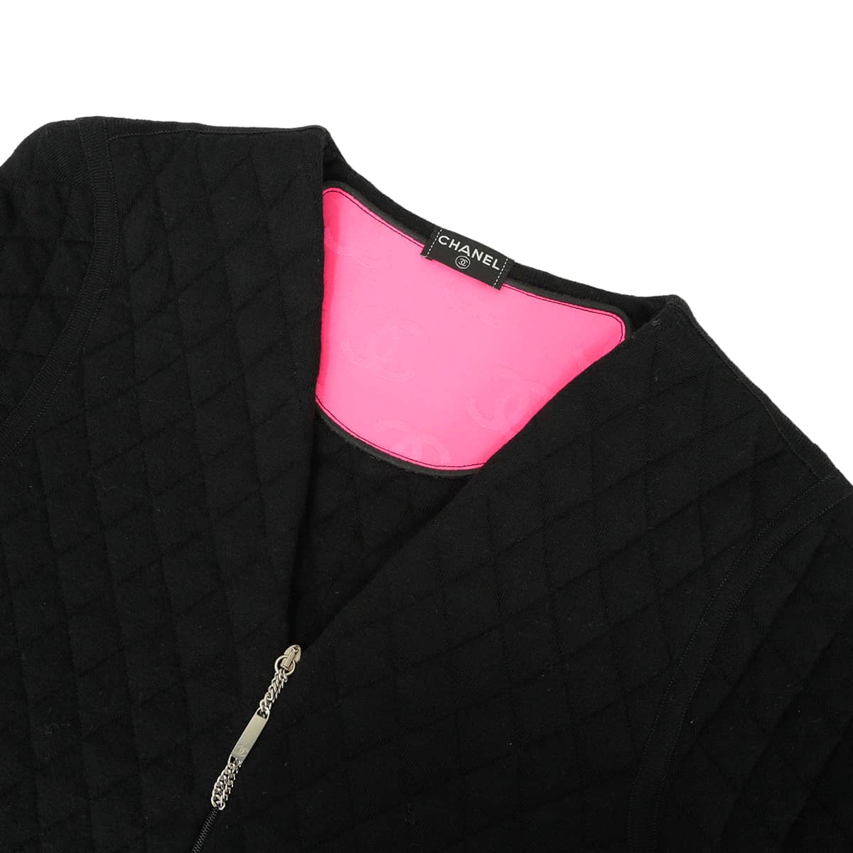 [Pre-loved] 2005AW CHANEL Blouson Quilted Ligne Cambon Coco Mark Noir (Black)/Ivory/Pink Wool/Polyester Antique Silver HW P26645[LIKE NEW][Authentic]