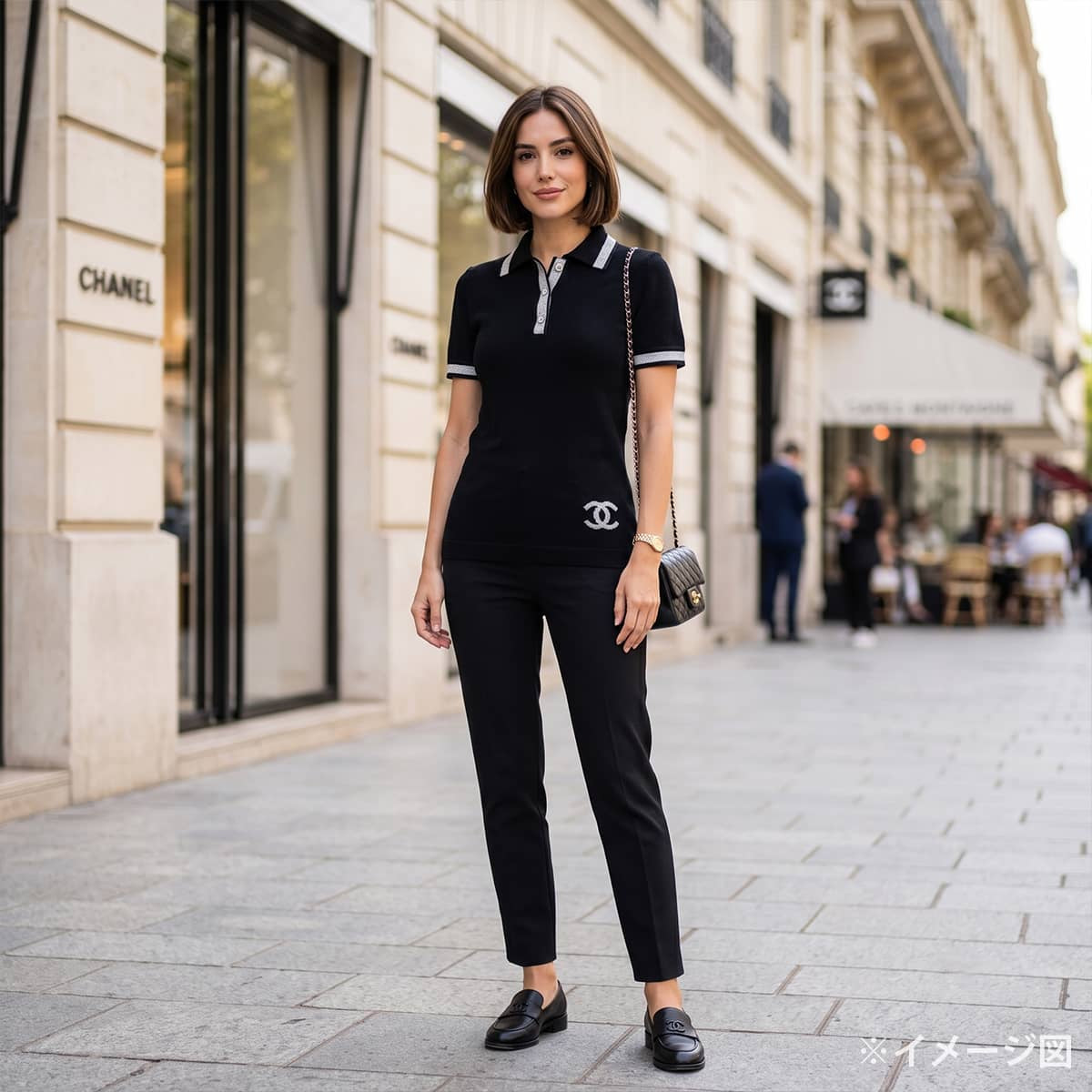 [Pre-loved] CHANEL Polo shirt Short-sleeved Polo shirt COCO Mark Noir (Black)/Grey Cashmere #34 P24422[LIKE NEW][Authentic]
