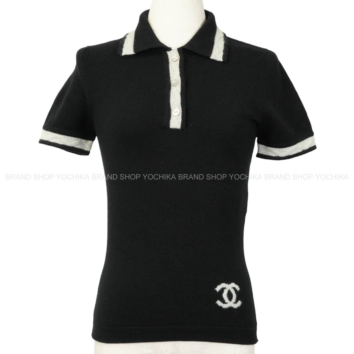 [Pre-loved] CHANEL Polo shirt Short-sleeved Polo shirt COCO Mark Noir (Black)/Grey Cashmere #34 P24422[LIKE NEW][Authentic]