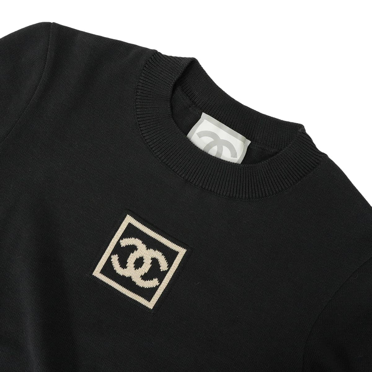 [Pre-loved] 2003AW CHANEL Knit Sports line short-sleeved COCO Mark Noir (Black)/Blanc (White) Cotton #36 P21671[LIKE NEW][Authentic]