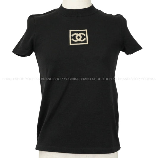 [Pre-loved] 2003AW CHANEL Knit Sports line short-sleeved COCO Mark Noir (Black)/Blanc (White) Cotton #36 P21671[LIKE NEW][Authentic]