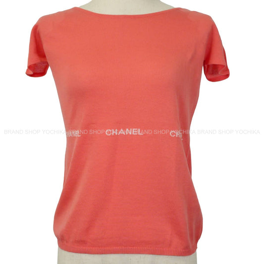 [Pre-loved] 2004SS CHANEL Knit Short-sleeved tops Logo Pink Cotton #38 P23133[LIKE NEW][Authentic]