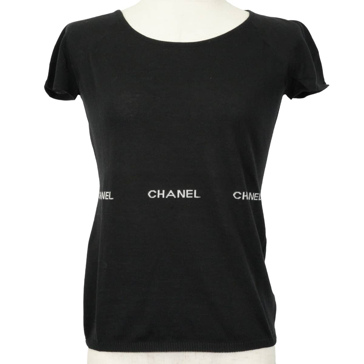 [Pre-loved] 2004SS CHANEL Knit Short-sleeved tops Logo Noir (Black) Cotton #38 P23133[LIKE NEW][Authentic]