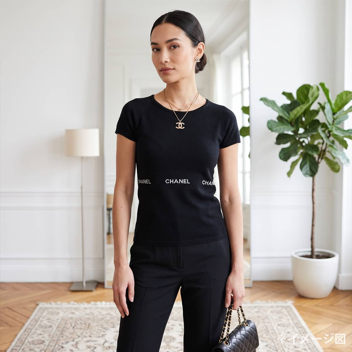 [Pre-loved] 2004SS CHANEL Knit Short-sleeved tops Logo Noir (Black) Cotton #38 P23133[LIKE NEW][Authentic]