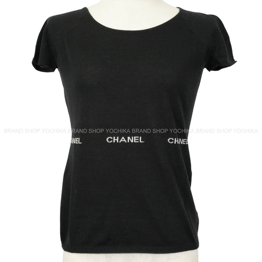 [Pre-loved] 2004SS CHANEL Knit Short-sleeved tops Logo Noir (Black) Cotton #38 P23133[LIKE NEW][Authentic]