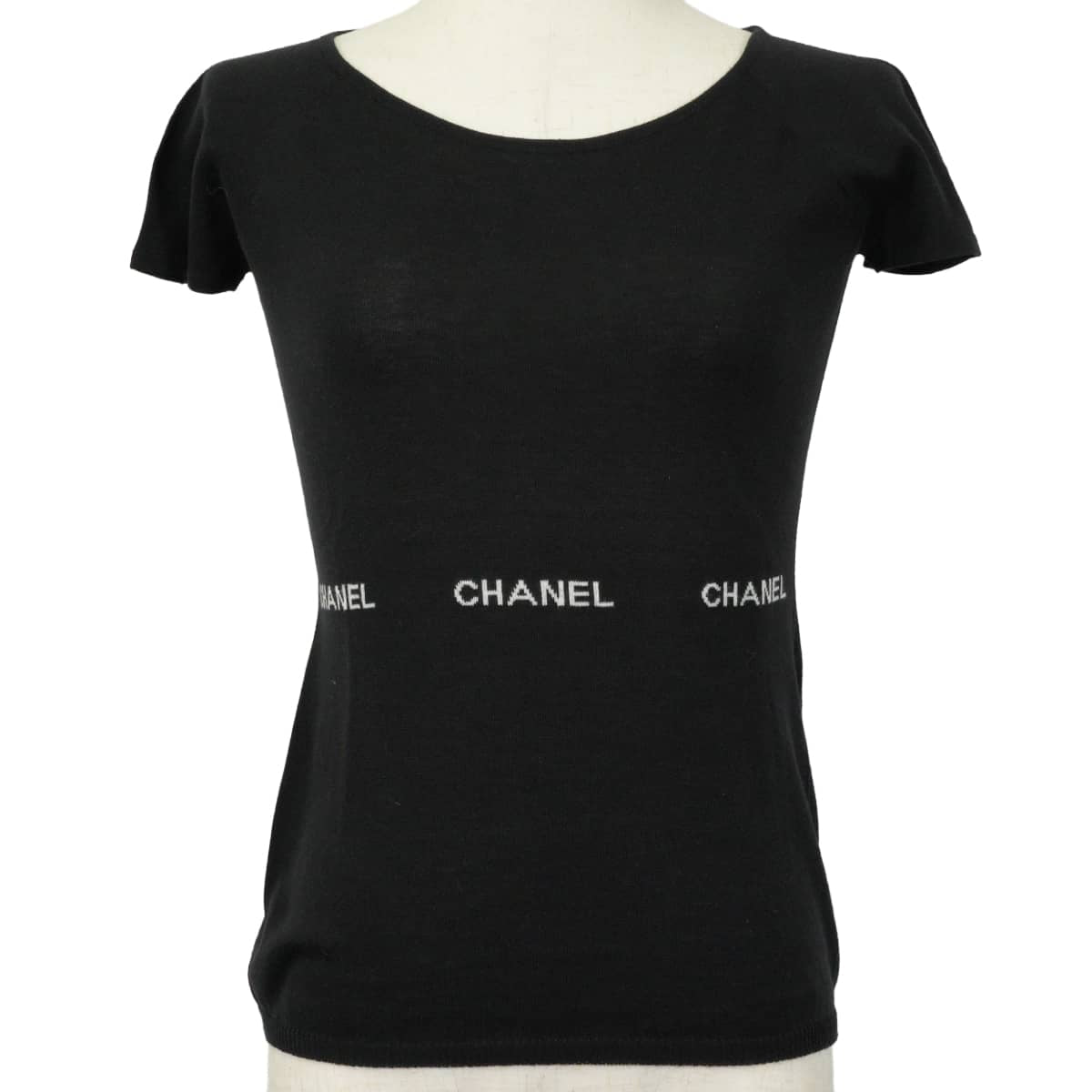 [Pre-loved] 2024SS CHANEL Knit Short-sleeved tops Logo Noir (Black) Cotton #36 P23133[LIKE NEW][Authentic]