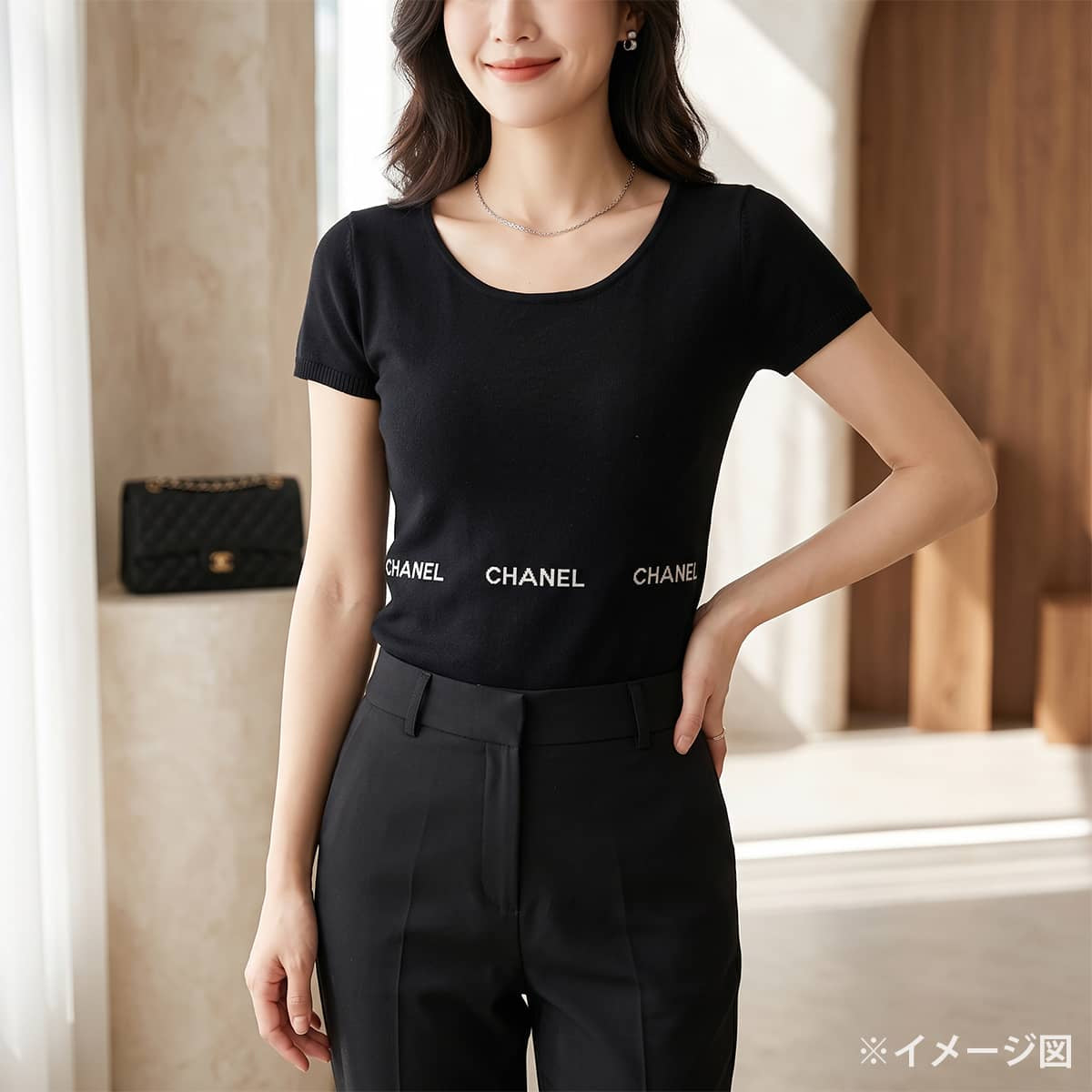 [Pre-loved] 2024SS CHANEL Knit Short-sleeved tops Logo Noir (Black) Cotton #36 P23133[LIKE NEW][Authentic]