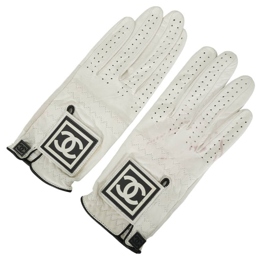 [Pre-loved] CHANEL glove Sports Line Golf Driving COCO Mark Blanc (White)/Noir (Black) Calfskin[USED SA][Authentic]