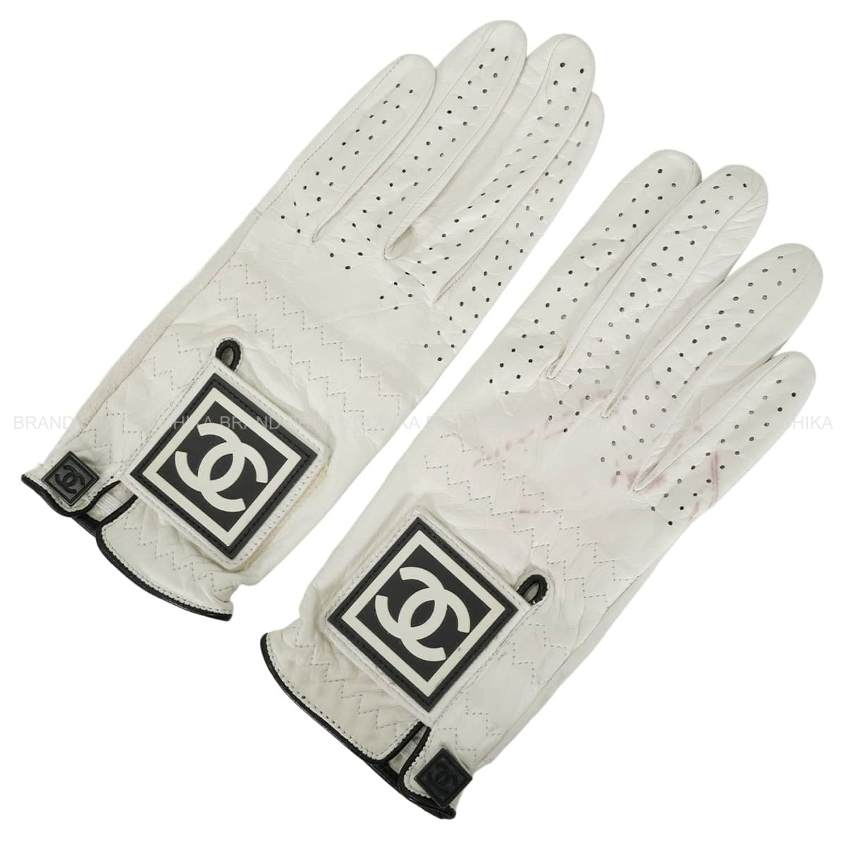 [Pre-loved] CHANEL glove Sports Line Golf Driving COCO Mark Blanc (White)/Noir (Black) Calfskin[USED SA][Authentic]