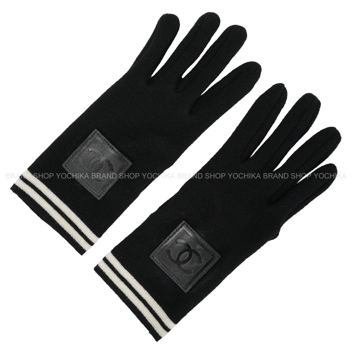 CHANEL glove Sports Line Knit Gloves COCO Mark Noir (Black)/Blanc (White)[EXCELLENT][Authentic]