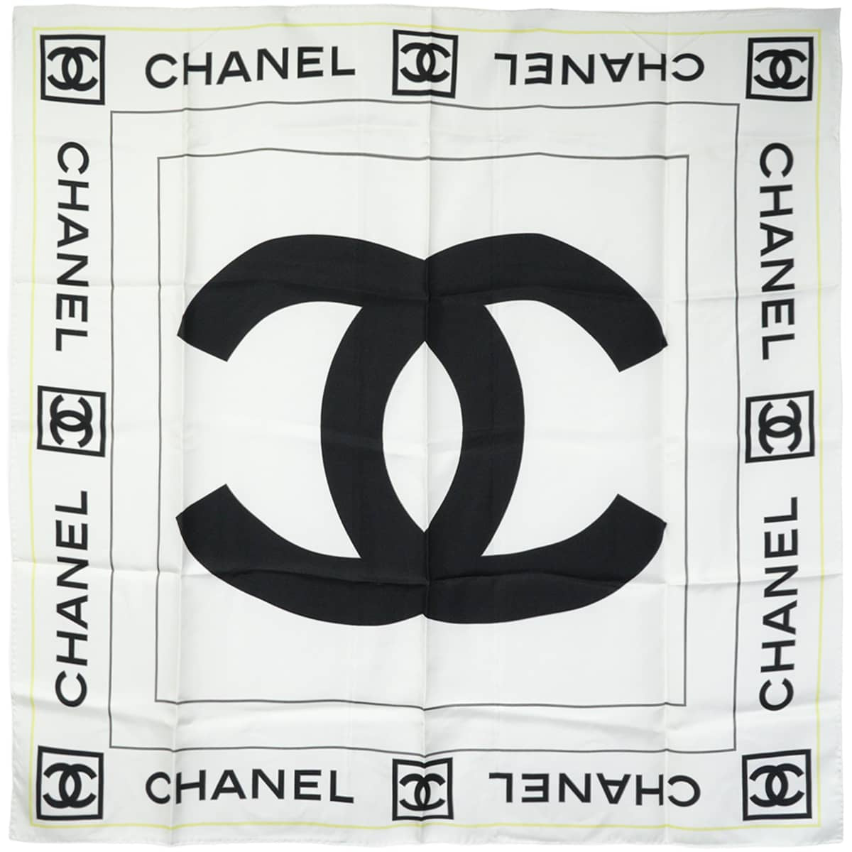 [Pre-loved] CHANEL scarf Large size COCO Mark Blanc (White)/Noir (Black)/Yellow Silk[LIKE NEW][Authentic]