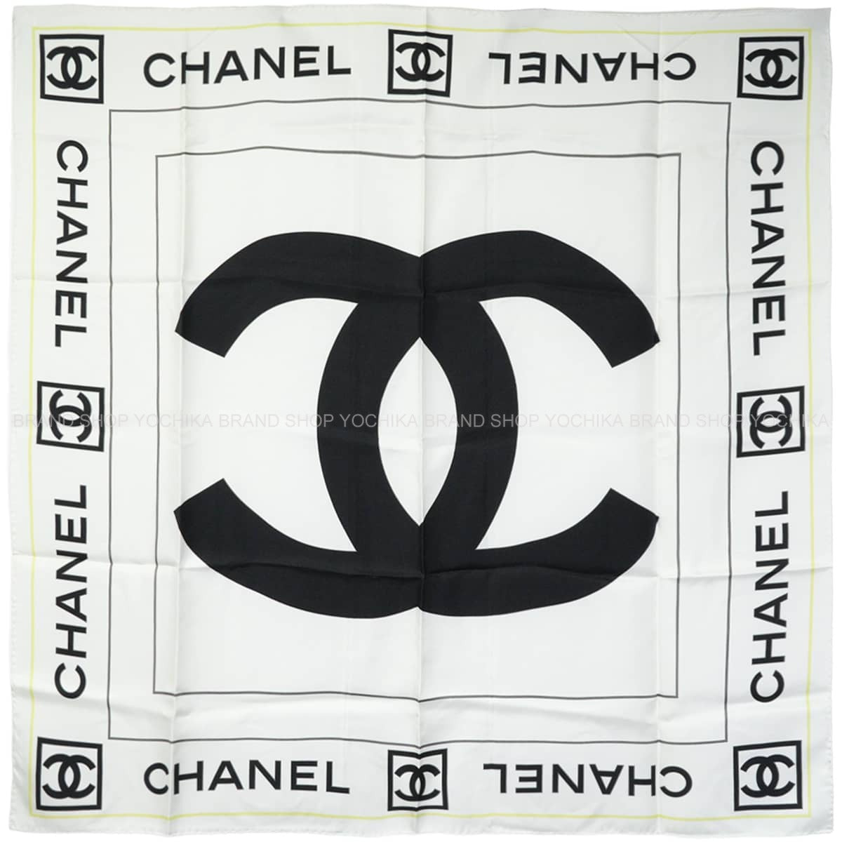 [Pre-loved] CHANEL scarf Large size COCO Mark Blanc (White)/Noir (Black)/Yellow Silk[LIKE NEW][Authentic]