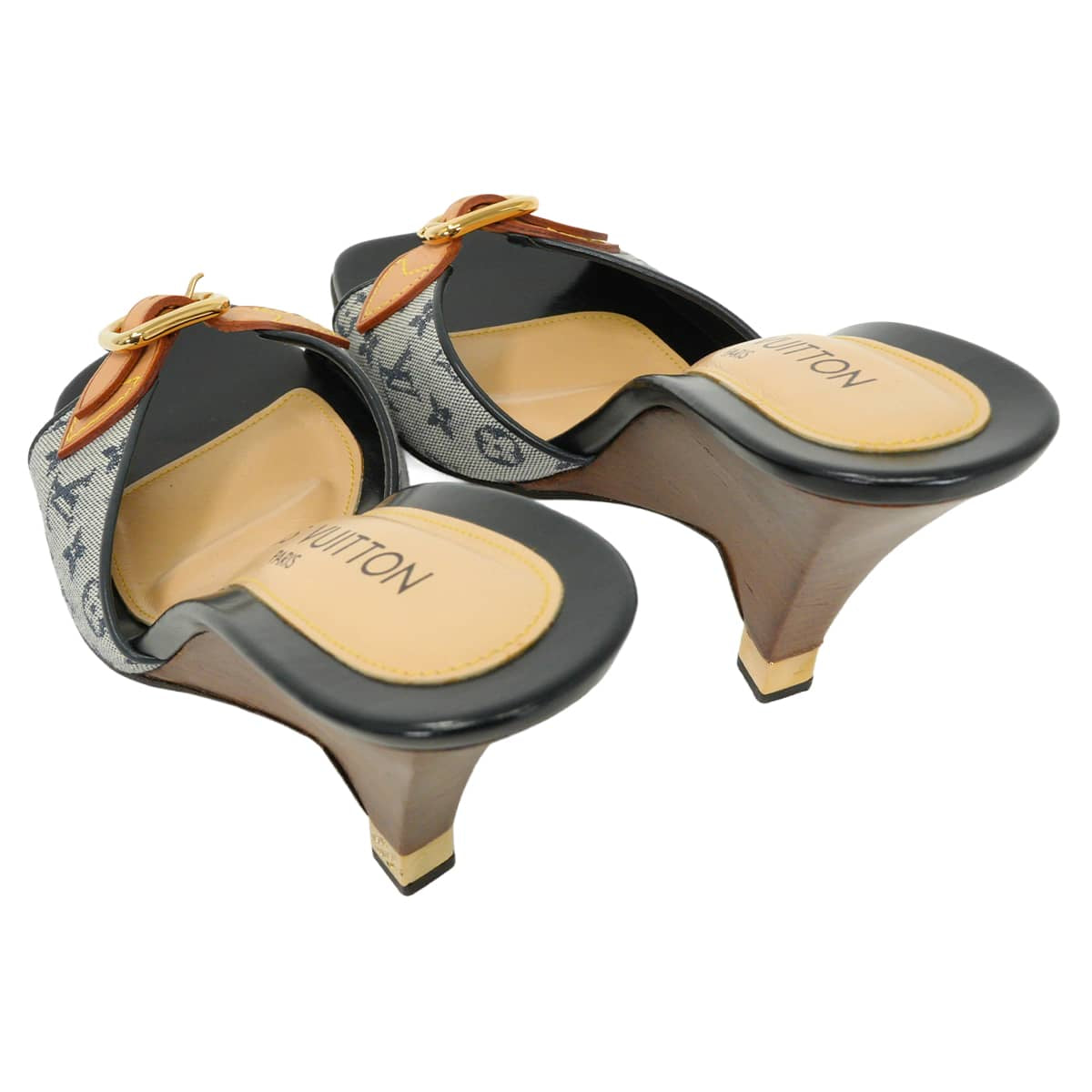 LOUIS VUITTON sandals Wedge soles Mules Noir (Black) Monogram Mini #37 Gold HW[EXCELLENT][Authentic]