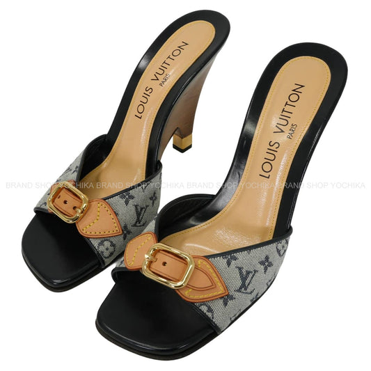 LOUIS VUITTON sandals Wedge soles Mules Noir (Black) Monogram Mini #37 Gold HW[EXCELLENT][Authentic]