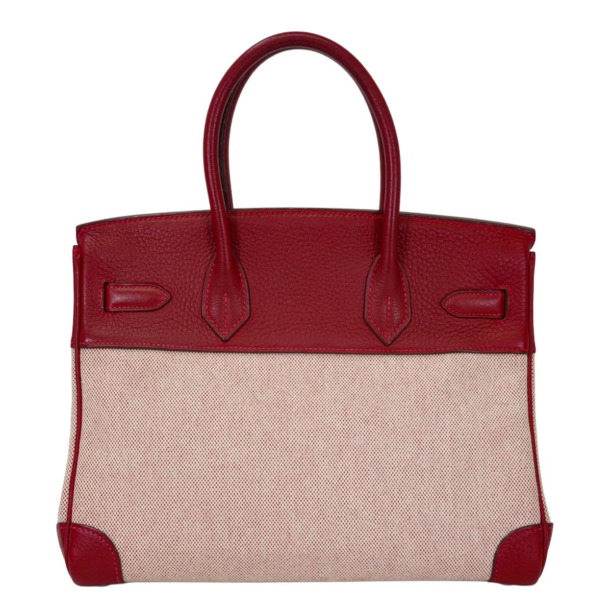 [Pre-loved] HERMES Handbag Birkin30 Rouge Vif Toile H/Taurillon Clemence Silver HW Stamp □H[USED SA][Authentic]