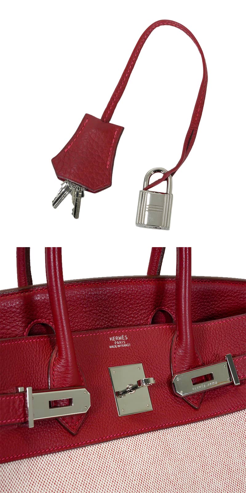 [Pre-loved] HERMES Handbag Birkin30 Rouge Vif Toile H/Taurillon Clemence Silver HW Stamp □H[USED SA][Authentic]