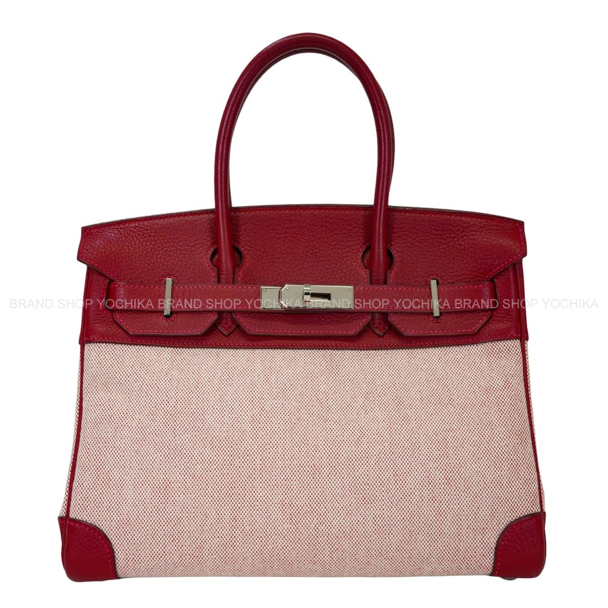 [Pre-loved] HERMES Handbag Birkin30 Rouge Vif Toile H/Taurillon Clemence Silver HW Stamp □H[USED SA][Authentic]