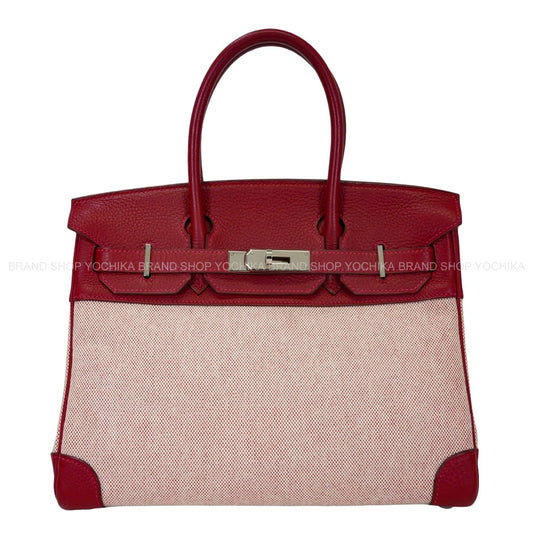 [Pre-loved] HERMES Handbag Birkin30 Rouge Vif Toile H/Taurillon Clemence Silver HW Stamp □H[USED SA][Authentic]
