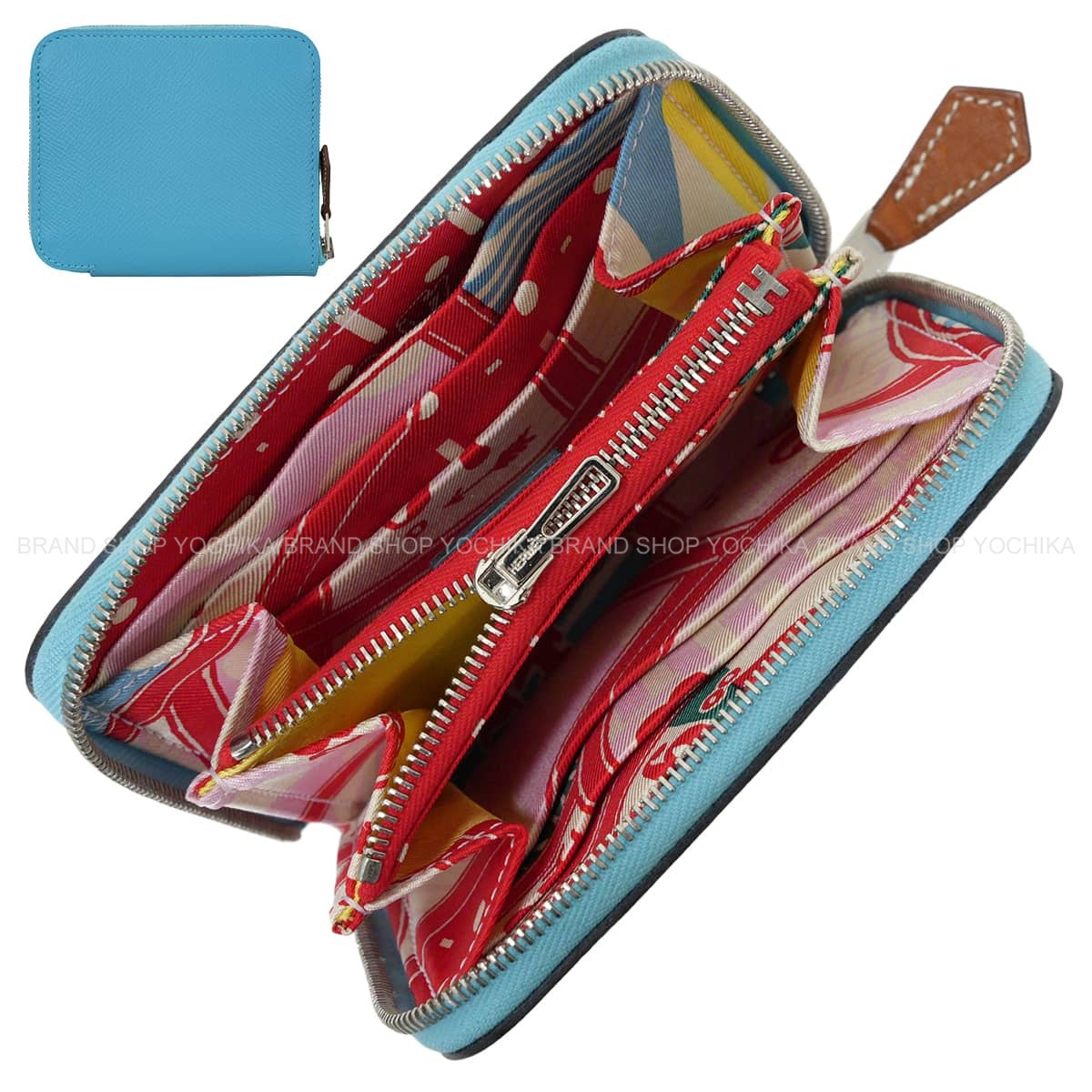 HERMES Bi-fold wallet Azap Silk'in Compact Silk Game Celeste/Rouge de Coeur/Pink Veau Epsom/Silk100%/Veau Barenia Silver HW Stamp T[EXCELLENT][Authentic]