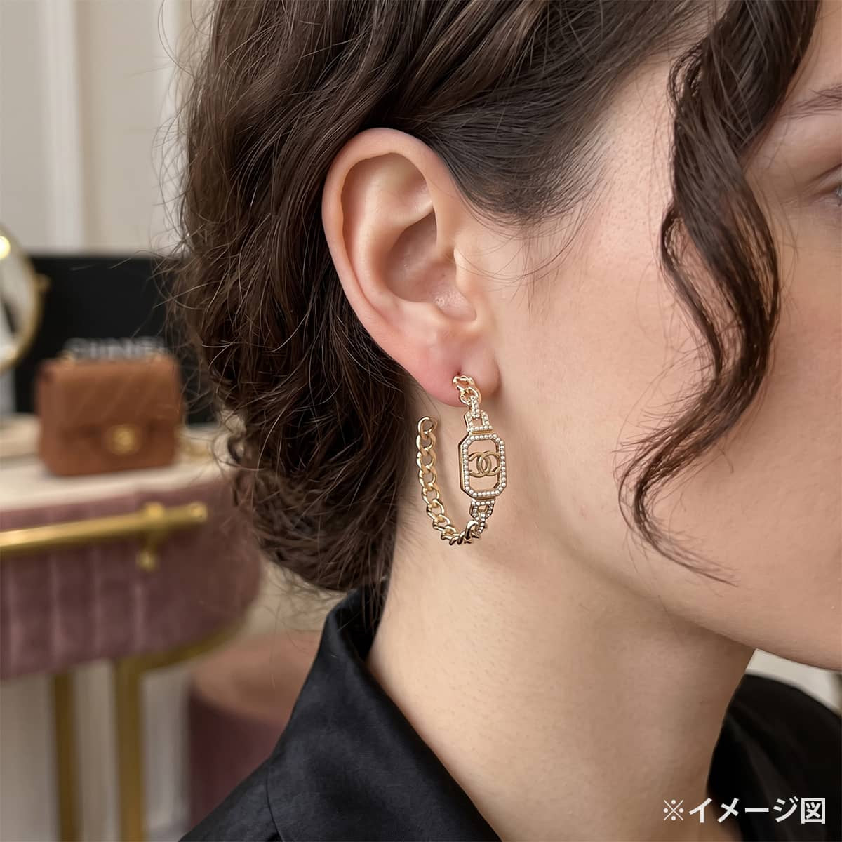 2020SS CHANEL pierced earring Octagon COCO Mark Pearl HoopChampagne gold Metal Strass/Costume pearls Champagne Gold HW AB3662[EXCELLENT][Authentic]