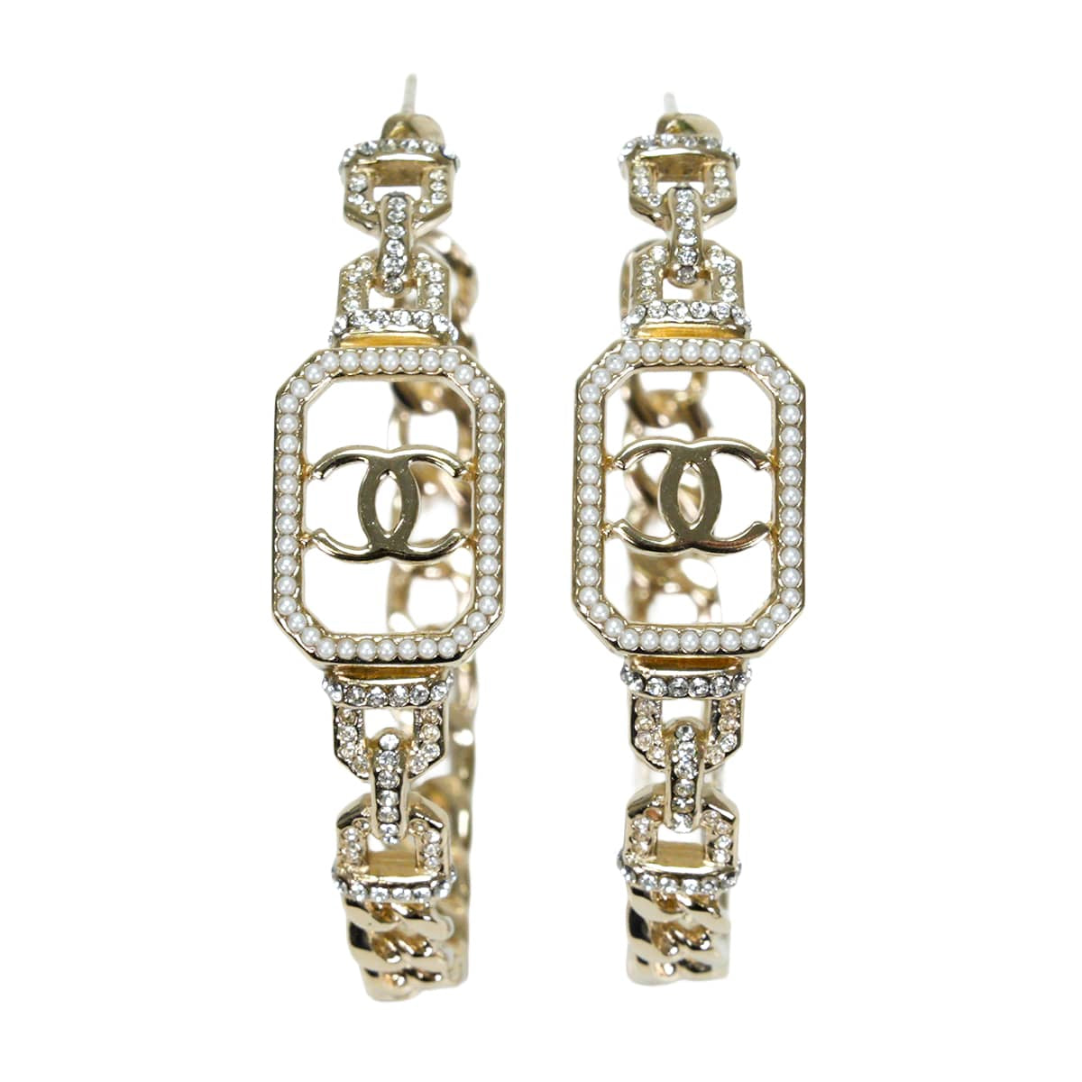 2020SS CHANEL pierced earring Octagon COCO Mark Pearl HoopChampagne gold Metal Strass/Costume pearls Champagne Gold HW AB3662[EXCELLENT][Authentic]