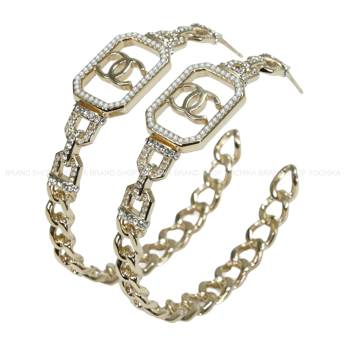 2020SS CHANEL pierced earring Octagon COCO Mark Pearl HoopChampagne gold Metal Strass/Costume pearls Champagne Gold HW AB3662[EXCELLENT][Authentic]