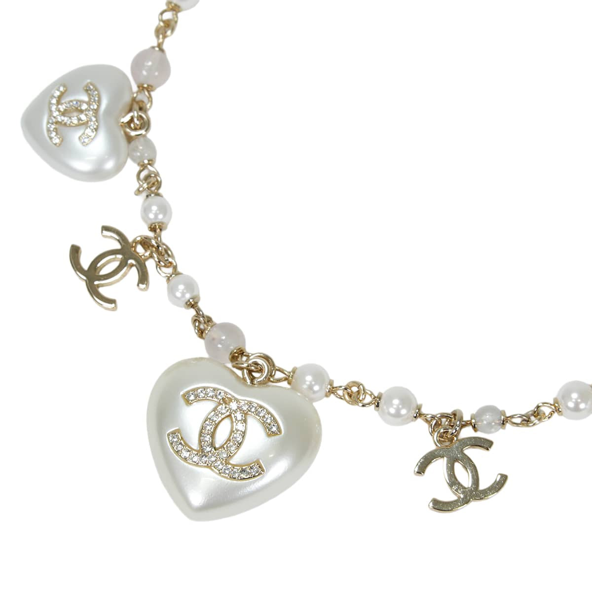 CHANEL necklace Rhinestone Heart COCO mark Pearl ChainPearl Gray/Clear Metal Strass/Costume pearls/Glass stone Champagne Gold HW[EXCELLENT][Authentic]