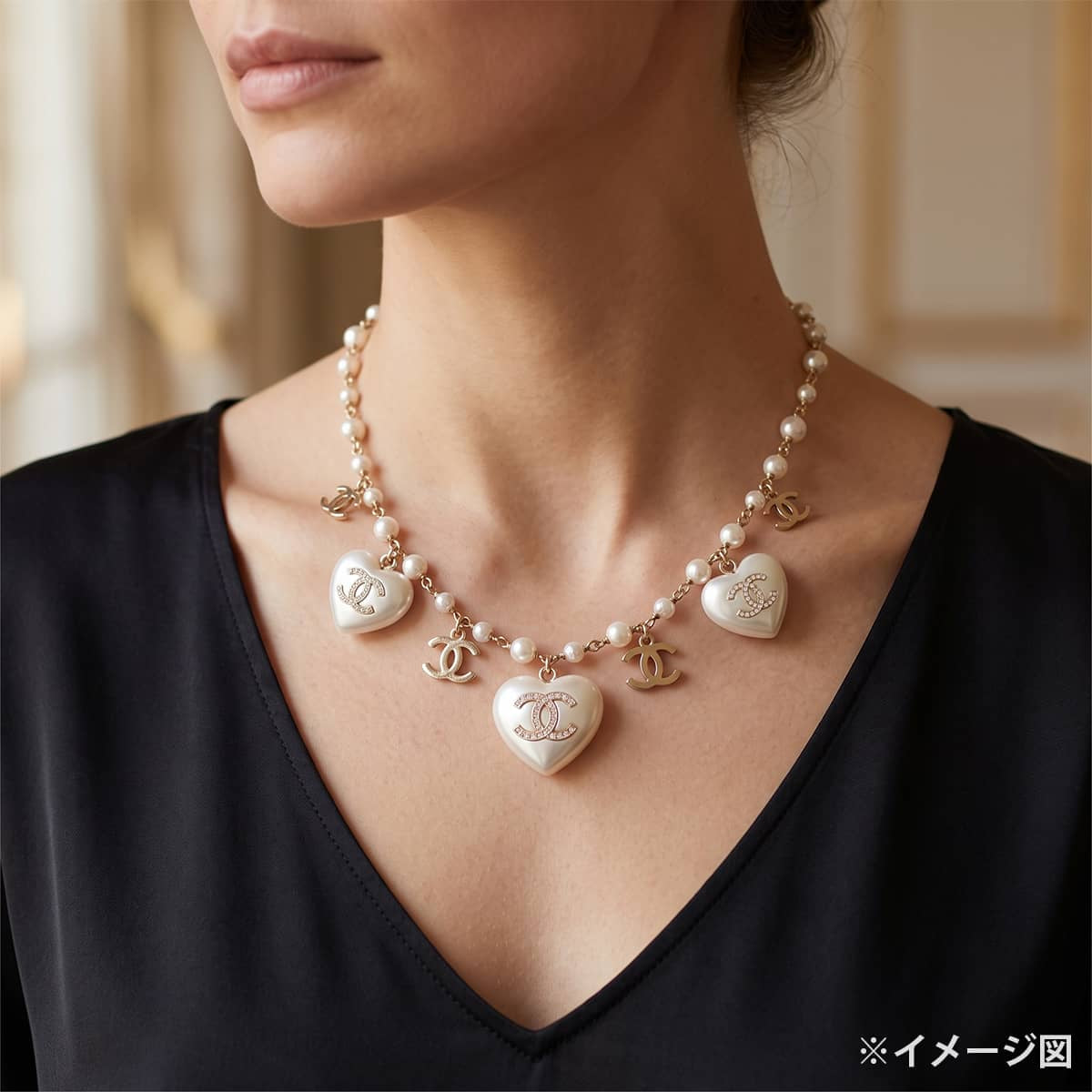 CHANEL necklace Rhinestone Heart COCO mark Pearl ChainPearl Gray/Clear Metal Strass/Costume pearls/Glass stone Champagne Gold HW[EXCELLENT][Authentic]