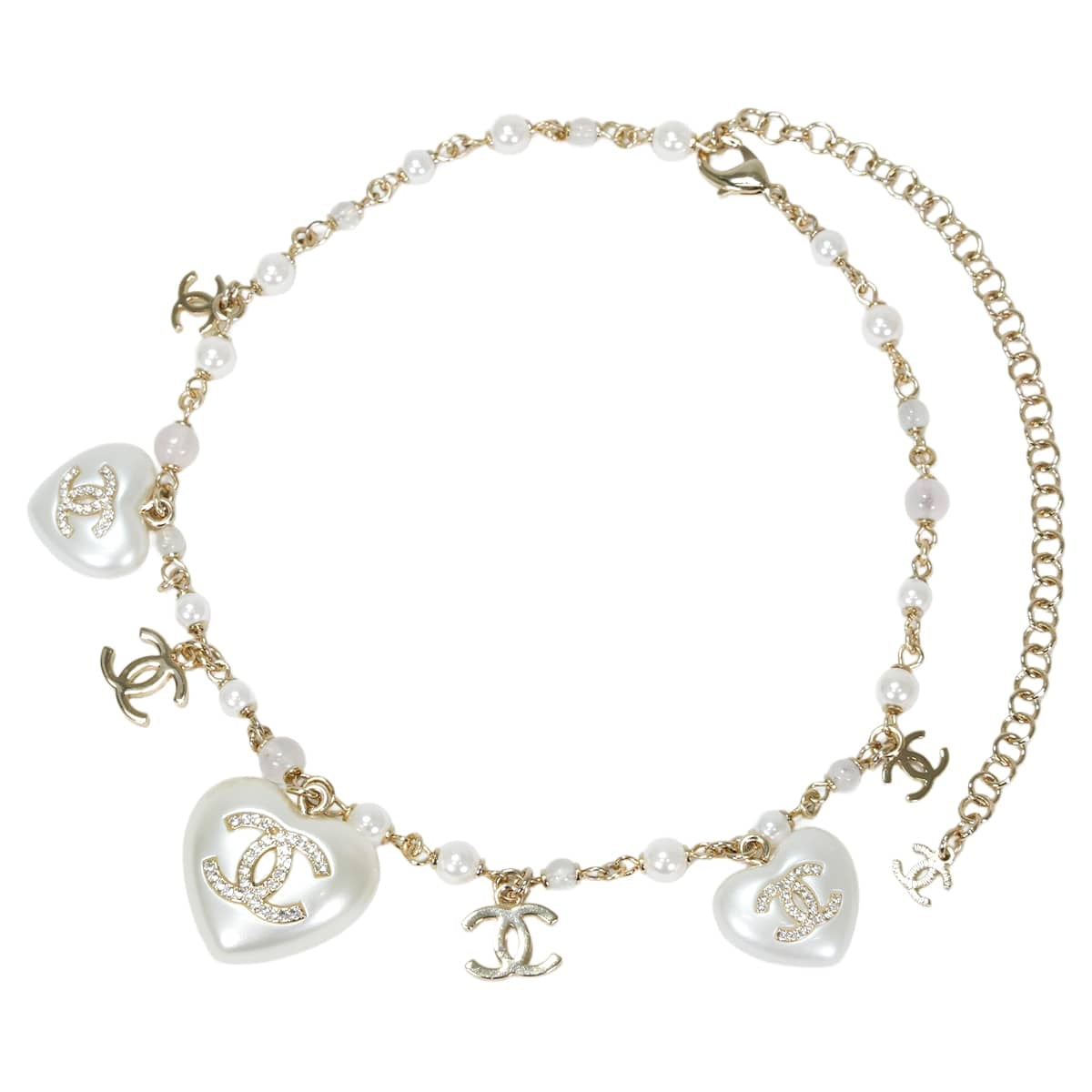 CHANEL necklace Rhinestone Heart COCO mark Pearl ChainPearl Gray/Clear Metal Strass/Costume pearls/Glass stone Champagne Gold HW[EXCELLENT][Authentic]