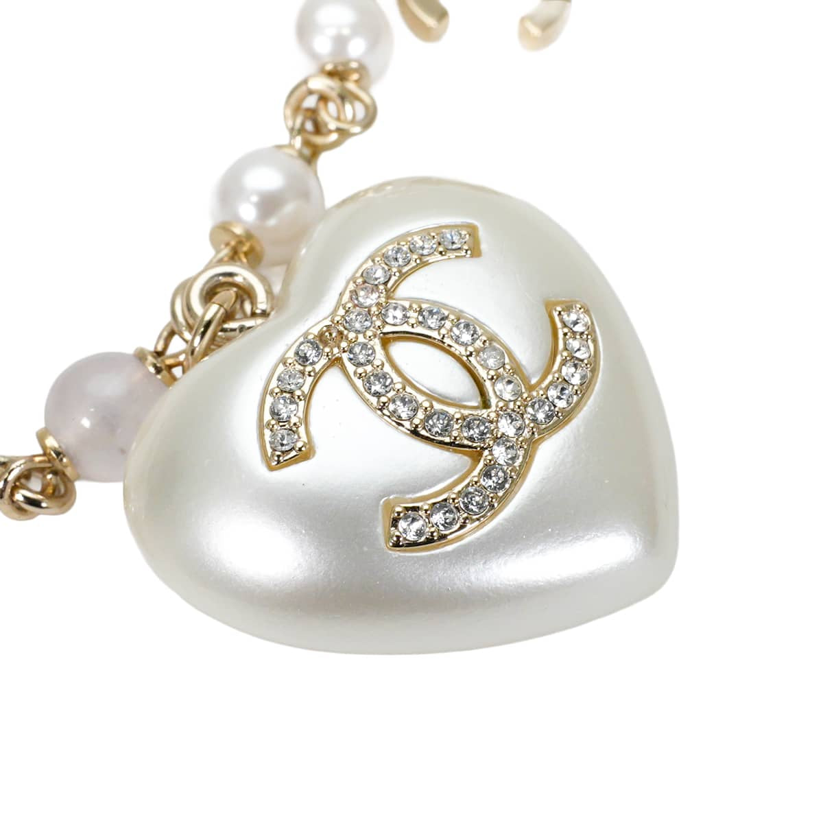 CHANEL necklace Rhinestone Heart COCO mark Pearl ChainPearl Gray/Clear Metal Strass/Costume pearls/Glass stone Champagne Gold HW[EXCELLENT][Authentic]
