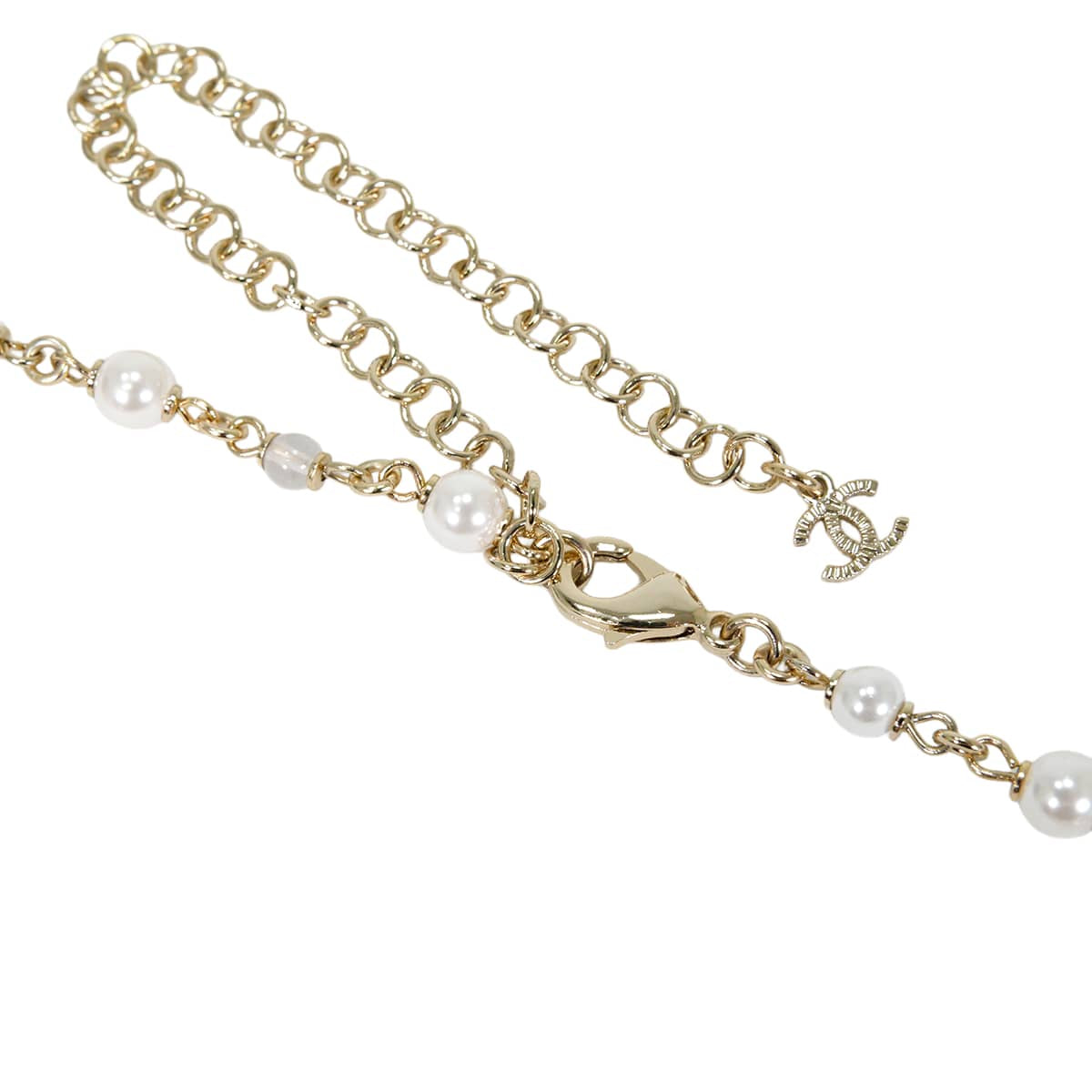 CHANEL necklace Rhinestone Heart COCO mark Pearl ChainPearl Gray/Clear Metal Strass/Costume pearls/Glass stone Champagne Gold HW[EXCELLENT][Authentic]
