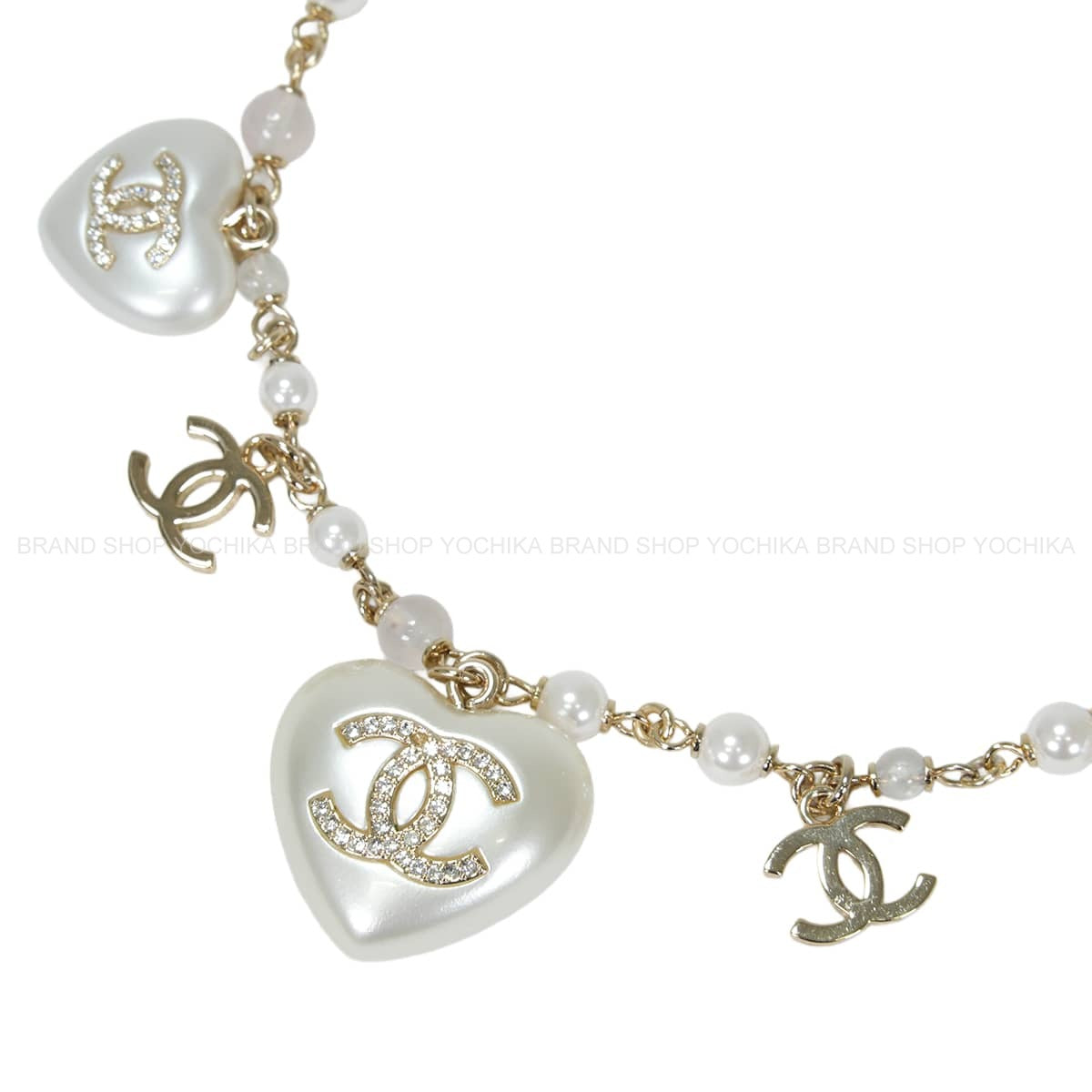 CHANEL necklace Rhinestone Heart COCO mark Pearl ChainPearl Gray/Clear Metal Strass/Costume pearls/Glass stone Champagne Gold HW[EXCELLENT][Authentic]