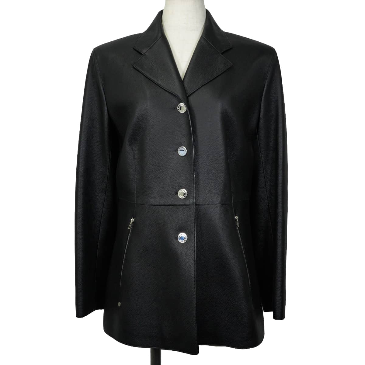 HERMES Women's Sellier Leather Jacket Button 4B Noir (Black) Washed deerskin #40 Silver HW[EXCELLENT][Authentic]