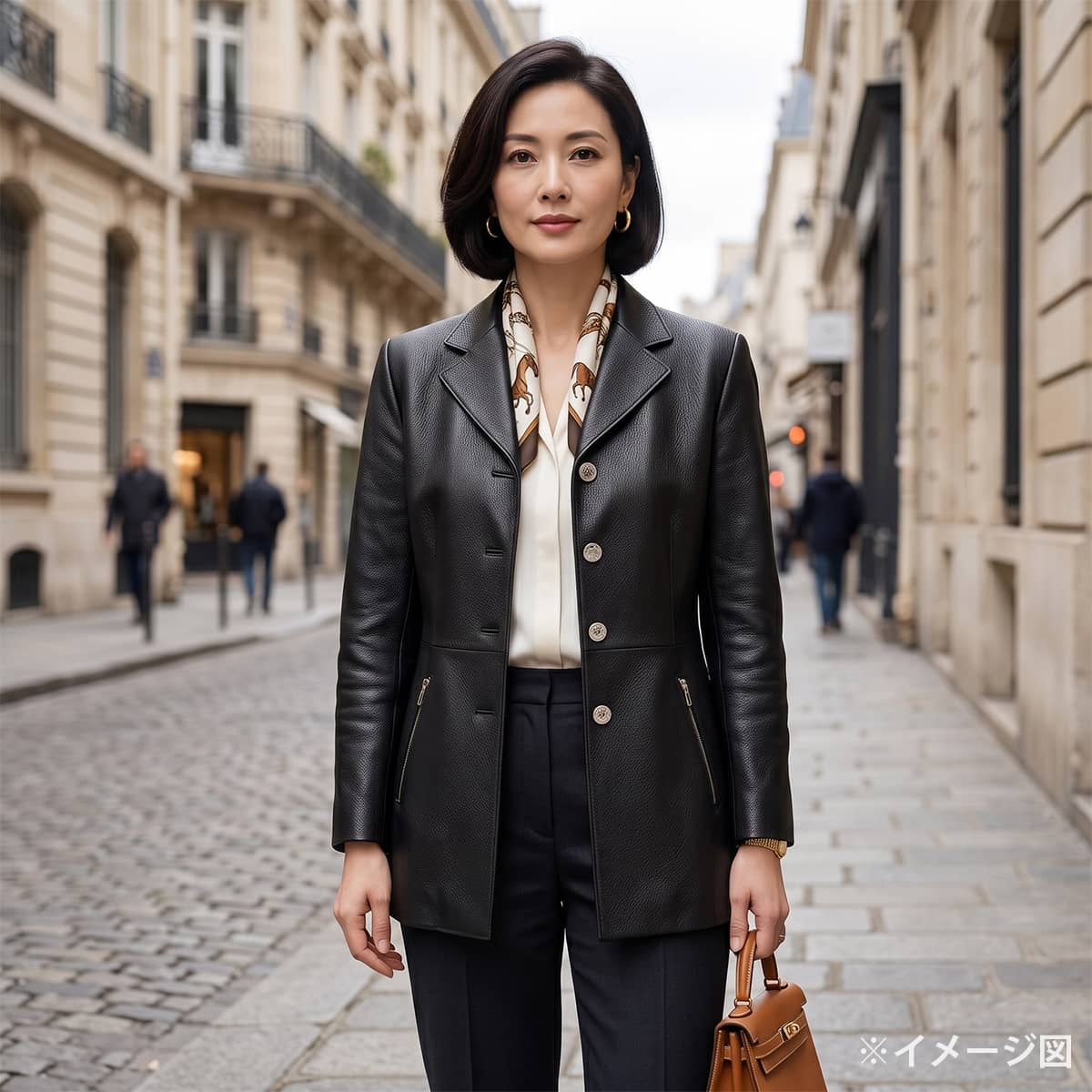 HERMES Women's Sellier Leather Jacket Button 4B Noir (Black) Washed deerskin #40 Silver HW[EXCELLENT][Authentic]