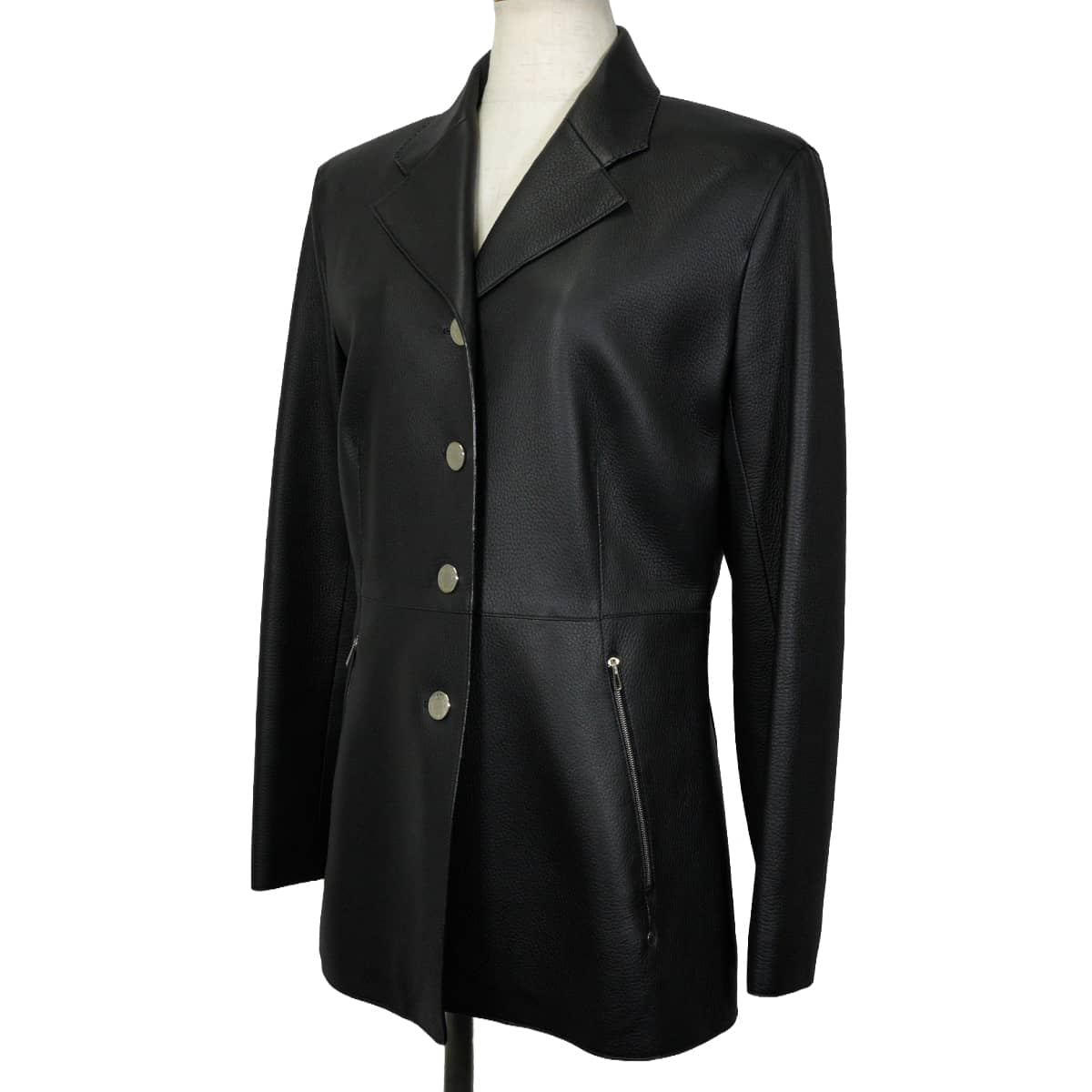 HERMES Women's Sellier Leather Jacket Button 4B Noir (Black) Washed deerskin #40 Silver HW[EXCELLENT][Authentic]