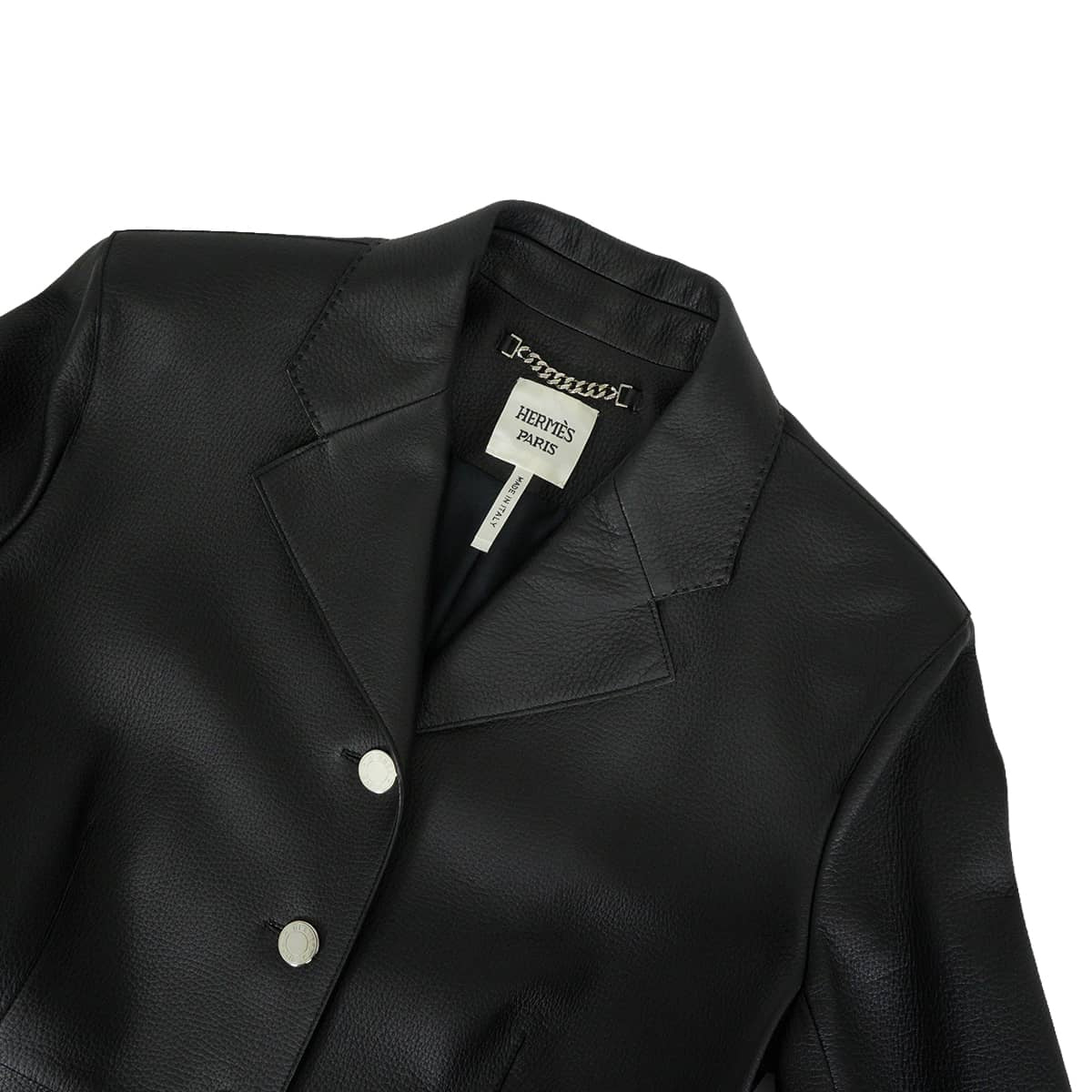 HERMES Women's Sellier Leather Jacket Button 4B Noir (Black) Washed deerskin #40 Silver HW[EXCELLENT][Authentic]