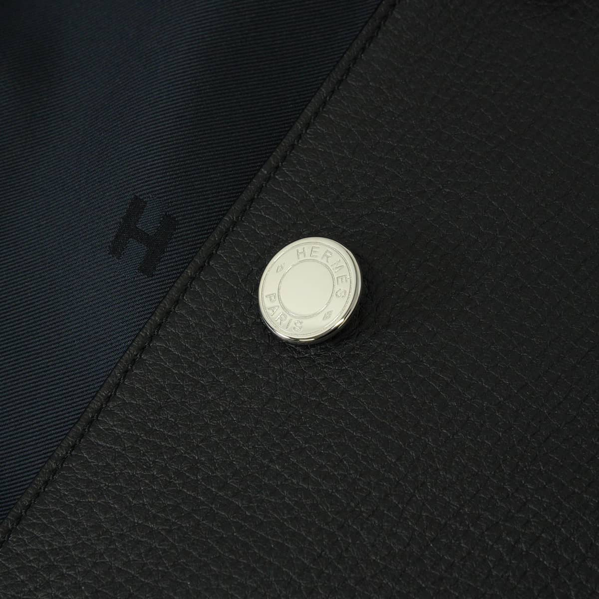 HERMES Women's Sellier Leather Jacket Button 4B Noir (Black) Washed deerskin #40 Silver HW[EXCELLENT][Authentic]