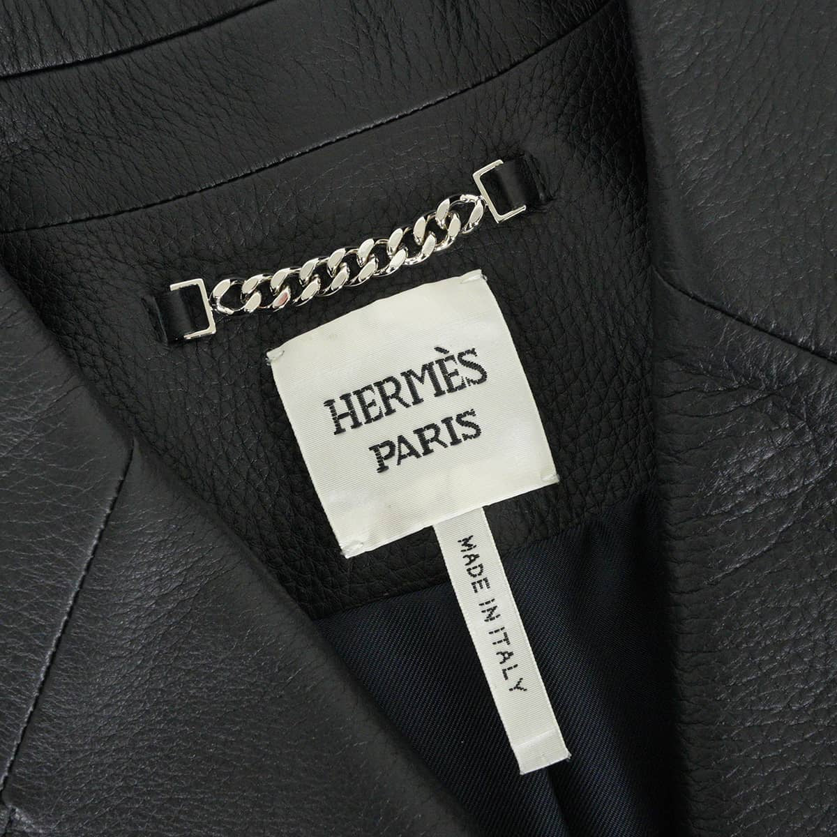 HERMES Women's Sellier Leather Jacket Button 4B Noir (Black) Washed deerskin #40 Silver HW[EXCELLENT][Authentic]